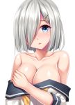  1girl absurdres black_sailor_collar blue_eyes breasts cleavage collarbone hair_ornament hair_over_one_eye hairclip hamakaze_(kantai_collection) highres kantai_collection large_breasts no_gloves parted_lips ruin_re_birth sailor_collar school_uniform serafuku short_hair silver_hair simple_background solo upper_body white_background yellow_neckwear 