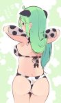  1girl animal_ears animal_print ass back bikini blue_eyes blush breasts cow_ears cow_print cowboy_shot elbow_gloves from_behind gloves green_hair hands_in_hair highres kantai_collection long_hair looking_back medium_breasts solo suzuki_toto swimsuit translation_request white_bikini white_gloves yamakaze_(kantai_collection) 