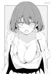  1girl blush breasts grey_background greyscale kichihachi large_breasts looking_at_viewer monochrome open_clothes open_mouth open_shirt original short_hair simple_background solo twitter_username two-tone_background white_background 