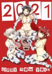 2021 3girls animal_ears animal_print bikini black_lagoon breasts brown_eyes brown_hair character_request chinese_zodiac chopsticks commentary_request copyright_request cow_ears cow_horns cow_print crossover eating fake_horns happy_new_year highres hiroe_rei horns large_breasts multiple_girls new_year ponytail print_bikini revy_(black_lagoon) swimsuit tattoo year_of_the_ox 