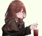  1girl absurdres bangs black_jacket brown_hair brown_hoodie brown_nails cup drinking_glass drinking_straw eyebrows_visible_through_hair fingernails hair_ornament hairclip hand_on_own_cheek hand_on_own_face highres higuchi_madoka hood hood_down hoodie ice ice_cube iced_tea idolmaster idolmaster_shiny_colors jacket long_fingernails long_sleeves looking_at_viewer nail_polish off_shoulder open_clothes open_jacket ryouta_(ryouta335) short_hair simple_background solo upper_body yellow_background yellow_eyes zipper zipper_pull_tab 