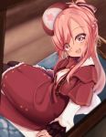  1girl bobicess braid breasts cleavage dress english_commentary hat head_tilt highres leggings looking_at_viewer looking_up medium_breasts nini_yuuna open_mouth pink_hair red_dress sitting smile solo tied_hair tsunderia virtual_youtuber 