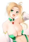 1girl bangs bare_shoulders blonde_hair blush breasts calamity_jane_(fate/grand_order) center_opening cleavage collarbone detached_collar elbow_gloves facial_tattoo fate/grand_order fate_(series) forehead gloves gradient gradient_background green_eyes jewelry kujiran large_breasts long_hair looking_at_viewer navel open_mouth parted_bangs pendant side_ponytail smile star_tattoo tattoo very_long_hair white_gloves 