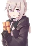  1girl black_gloves blush eyebrows_visible_through_hair gift girls_frontline gloves grey_eyes grey_hair highres holding holding_gift jacy long_hair looking_at_viewer m200_(girls_frontline) open_mouth ponytail smile solo upper_body 