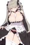  1girl azur_lane bangs black_panties breasts cleavage earrings eyebrows_visible_through_hair formidable_(azur_lane) grey_hair hair_ribbon highres jewelry large_breasts long_hair looking_at_viewer one_eye_closed panties pantyhose pantyhose_pull pepper0 red_eyes ribbon simple_background solo twintails underwear white_background white_legwear 