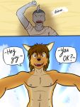  3:4 beach canid canine canis clothed clothing comic coyote dialogue duo english_text first_person_view fish fuze hi_res ian_(fuze) lying male mammal marine mond_reyes nipples on_back seaside shark shirt t-shirt texnatsu text topless topwear 