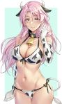  1girl animal_ears animal_print bell bikini blush breasts cleavage collarbone cow_ears cow_girl cow_horns cow_print cow_tail cowbell cowboy_shot elbow_gloves eyebrows_visible_through_hair gloves groin highres horns kantai_collection kokuzou large_breasts long_hair luigi_di_savoia_duca_degli_abruzzi_(kantai_collection) navel open_mouth pink_eyes pink_hair smile solo swimsuit tail white_bikini white_gloves 