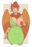  5_fingers ahoge animal_humanoid areola avian avian_humanoid big_breasts bird breasts brown_areola brown_background brown_body brown_eyes brown_feathers brown_hair brown_nipples chicken cleavage clothed clothing clothing_pull dress dress_pull european_mythology eyebrow_through_hair eyebrows eyelashes feathers female fingers galliform gallus_(genus) greek_mythology hair harpy hi_res huge_breasts humanoid humanoid_pointy_ears looking_aside mother_hen_(slightlysimian) motion_lines mythological_avian mythology neck_tuft nipples phasianid presenting presenting_breasts scuted_arms short_hair simple_background slightlysimian smile solo standing translucent translucent_hair tuft white_background white_body white_skin winged_humanoid wings 