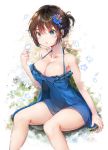  1girl bangs bare_shoulders black_hair blue_dress blush breasts bug butterfly cleavage dress flower frilled_dress frills green_eyes hair_flower hair_ornament hand_up highres hiromaster_sinta_jh insect large_breasts open_mouth original short_hair sitting solo 