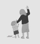  1boy 1girl avogado6 bruise child_abuse closed_eyes colored_skin commentary_request grading grey_hair hand_up hitting injury long_sleeves mother_and_son original paper shirt shorts skirt slippers socks spot_color test white_skin wrist_grab 