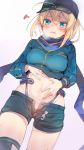  1girl ahoge aqua_eyes artoria_pendragon_(all) baseball_cap black_headwear black_legwear blonde_hair blue_scarf blue_shirt blue_shorts blush breasts breath commentary cowboy_shot fate/grand_order fate_(series) groin hair_between_eyes hand_on_own_stomach hat heavy_breathing highleg highleg_panties highres lifted_by_self medium_breasts midriff mysterious_heroine_x navel open_fly open_mouth panties purple_panties scarf shirt shirt_lift short_hair short_shorts shorts simple_background solo squiggle stomach sweat thighhighs thighs tomozero underwear white_background 