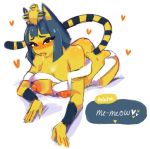  &lt;3 animal_crossing ankha_(animal_crossing) anthro bandage bent_over big_breasts big_butt blue_hair blush bodily_fluids breasts butt clothing dialogue domestic_cat drooling egyptian english_text felid feline felis female front_view fur hair hi_res lying mammal nintendo nipples nude saliva saliva_string softpeachiis solo text tongue tongue_out uraeus video_games wide_hips yellow_body 