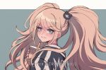  1girl bangs bear_hair_ornament blue_eyes blush bubble_tea commentary criis-chan danganronpa:_trigger_happy_havoc danganronpa_(series) drinking_straw enoshima_junko eyebrows_visible_through_hair face from_side green_background hair_ornament hand_up long_hair looking_at_viewer red_nails smile solo twintails twitter_username upper_body white_background 
