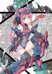  1girl aqua_eyes bangs blue_eyes blush comiket_94 cover cover_page doujin_cover eyebrows_visible_through_hair flat_chest frame_arms frame_arms_girl green_eyes hair_between_eyes horns kuramochi_kyouryuu looking_at_viewer mecha mecha_musume personification pink_hair ponytail science_fiction single_horn sitting thighhighs vulture_(frame_arms) wyvern_(frame_arms) 