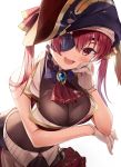  1girl :d arm_under_breasts ascot bangs belt black_headwear blush breasts brooch chiro_(norishiro_michiro) cleavage dress eyebrows_visible_through_hair eyepatch gloves gold_trim hair_between_eyes hair_ribbon hand_on_own_cheek hand_on_own_face hat highres hololive houshou_marine jewelry large_breasts leaning_forward long_hair looking_at_viewer open_mouth pirate_hat red_dress red_eyes red_hair red_neckwear red_ribbon ribbon see-through simple_background smile solo twintails upper_body virtual_youtuber white_background white_gloves 