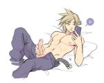  1boy aqua_eyes blonde_hair cellphone cloud_strife commentary cropped_legs english_commentary erection final_fantasy final_fantasy_vii heart holding holding_phone lying male_focus male_masturbation masturbation on_back on_bed open_fly pants pectorals penis phone reclining shirtless small_nipples smartphone solo spiked_hair spoken_heart testicles uncensored vashperado 