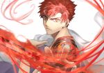  1boy bangs cape close-up emiya_shirou fate/grand_order fate_(series) from_side highres holding holding_cape katana limited/zero_over looking_at_viewer male_focus outstretched_hand red_hair sa_nomaru sengo_muramasa_(fate) serious solo sword weapon yellow_eyes 