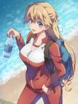  1girl backpack bag beach blonde_hair blue_eyes bottle chiharu_(9654784) collarbone highres long_hair nanase_tsubasa ocean track_suit water_bottle youkoso_jitsuryoku_shijou_shugi_no_kyoushitsu_e 