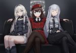  3girls ak-12_(girls_frontline) an-94_(girls_frontline) bangs belt beret black_gloves black_hair black_pants blue_eyes braid breasts brown_hair closed_eyes closed_mouth commentary_request couch crossed_legs eyebrows_visible_through_hair female_commander_(girls_frontline) girls_frontline gloves hairband hat highres long_hair long_sleeves looking_at_viewer military military_uniform multiple_girls pants pantyhose partially_fingerless_gloves silver_hair sitting smile uniform yakob_labo 