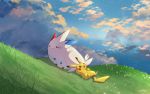  blush closed_eyes closed_mouth cloud commentary_request gen_1_pokemon gen_4_pokemon grass highres lying no_humans nullma on_back open_mouth outdoors pikachu pokemon pokemon_(creature) signature sky smile togekiss tongue 
