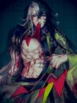  1boy abs ashiya_douman_(fate) asymmetrical_clothes asymmetrical_hair bell black_eyes black_hair blood blood_on_face blood_stain bloody_clothes bloody_hands bruise curly_hair earrings fang fate/grand_order fate_(series) fingernails green_eyeshadow green_kimono green_lipstick green_nails hair_bell hair_between_eyes hair_intakes hair_ornament highres injury japanese_clothes jewelry kimono lipstick long_hair looking_at_viewer magatama magatama_earrings makeup male_focus multicolored_hair navel nipples noka_(noka8103) open_clothes open_kimono pectorals ribbed_sleeves sharp_fingernails sitting solo toned toned_male translation_request two-tone_hair very_long_fingernails very_long_hair white_hair 