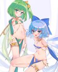  2girls :d bangs bare_shoulders blue_eyes blue_hair blush breasts cameltoe cirno daiyousei elbow_gloves eyebrows_visible_through_hair gloves green_eyes green_hair harem_outfit highres jewelry komiya_nigi looking_at_viewer multiple_girls navel necklace open_mouth revealing_clothes short_hair small_breasts smile thigh_strap touhou 