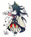  1boy animal_ear_fluff animal_ears ashiya_douman_(fate) asymmetrical_clothes asymmetrical_hair bell black_eyes black_hair cat_boy cat_ears cat_tail chibi curly_hair earrings fate/grand_order fate_(series) flat_color hair_bell hair_between_eyes hair_intakes hair_ornament japanese_clothes jewelry kimono long_hair magatama magatama_earrings male_focus morumoru_(kuromrmr) multicolored_hair open_clothes open_kimono ribbed_sleeves shikigami smile solo spot_color standing standing_on_one_leg tail two-tone_hair very_long_hair white_background white_hair 