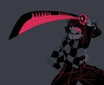  1boy angry arms_up belt checkered checkered_clothing earrings fighting_stance fingernails greyscale highres holding holding_sword holding_weapon japanese_clothes jewelry kamado_tanjirou katana kimetsu_no_yaiba male_focus monochrome original_nasu parted_lips red_eyes solo spoilers spot_color sweat sword weapon 