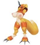  absurd_res anthro armor big_breasts bottomwear breasts clothed clothing costume countershade_torso countershading digimon digimon_(species) dipstick_tail female flamedramon fur genitals goldmikun hi_res multicolored_tail navel nipples partially_clothed pussy renamon solo topwear white_body white_fur yellow_body yellow_fur 