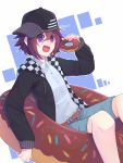  1boy 310v3 :d artist_name bangs baseball_cap belt black_headwear black_jacket blue_background brown_belt brown_hair checkered checkered_background checkered_jacket collared_shirt commentary danganronpa_(series) danganronpa_v3:_killing_harmony doughnut dress_shirt feet_out_of_frame food hair_between_eyes hat highres holding holding_food innertube jacket long_sleeves looking_at_viewer male_focus open_clothes open_jacket open_mouth ouma_kokichi purple_eyes purple_hair shirt short_hair shorts smile solo white_background white_shirt 