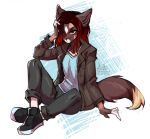  2021 african_wild_dog ako_(character) anthro bottomwear brown_body brown_fur canid canine clothed clothing digital_drawing_(artwork) digital_media_(artwork) footwear fur girly green_eyes half-closed_eyes jacket leather leather_clothing leather_jacket leather_topwear looking_at_viewer male mammal multicolored_body multicolored_fur narrowed_eyes pants plantigrade shoes simple_background sitting solo tan_body tan_fur topwear vomleben white_background 