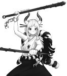  1girl breasts broken broken_chain chain closed_mouth club cuffs dual_wielding earrings fighting_stance greyscale hair_ornament hair_stick hand_up holding hoop_earrings jewelry large_breasts long_hair looking_at_viewer monochrome one_piece oni simple_background skirt solo spiked_club standing weapon white_background yamato_(one_piece) yoako 