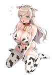  1girl animal_ears animal_print bare_shoulders bell between_legs bikini blonde_hair blue_eyes braid breasts cleavage collar collarbone cow_ears cow_horns cow_print cowbell elbow_gloves fake_animal_ears fake_horns flying_sweatdrops girl_cafe_gun gloves grainne_draser_(girl_cafe_gun) groin hairband halterneck highres horns large_breasts long_hair looking_at_viewer navel no_shoes open_mouth sexdrive0721 side-tie_bikini sidelocks sitting solo stomach string_bikini swimsuit thighhighs v_arms wariza white_bikini white_gloves white_legwear 