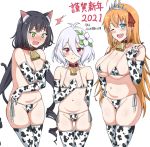  2021 3girls ahoge animal_ear_fluff animal_ears animal_print anony_83 antenna_hair arm_behind_back bangs bare_shoulders bell bikini black_hair blonde_hair blue_eyes blush breasts cat_ears cat_girl cat_tail clenched_hand collar collarbone commentary_request covering covering_breasts cow_print cowbell detached_sleeves drill_hair embarrassed flat_chest flower green_eyes hair_between_eyes hair_flower hair_ornament hand_on_hip happy_new_year highres karyl_(princess_connect!) kokkoro_(princess_connect!) large_breasts long_hair looking_at_viewer medium_breasts multicolored multicolored_bikini multicolored_clothes multicolored_hair multicolored_legwear multiple_girls navel new_year nose_blush one_eye_closed pecorine_(princess_connect!) princess_connect! princess_connect!_re:dive red_eyes short_hair smile stomach streaked_hair swimsuit swimwear tail thighhighs tiara translated twin_drills white_hair 