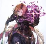  1girl apollonia_vaar armor belt black_armor brown_hair commentary_request energy gauntlets granblue_fantasy holding holding_sword holding_weapon ivris leaning_forward magic purple_eyes scabbard sheath short_hair simple_background solo sword weapon white_background 