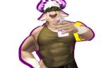  3d_(artwork) accessory alpha_channel anthro body_hair bovid bovine brown_body brown_fur cattle clothed clothing digital_media_(artwork) drinking_milk fur hair headband hi_res horn male malicekira mammal milk milk_bottle muscular muscular_anthro muscular_male open_mouth shennong simple_background smile solo tokyo_afterschool_summoners transparent_background video_games white_hair 