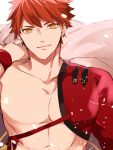  1boy bangs cape close-up emiya_shirou falling_petals fate/grand_order fate_(series) highres holding holding_cape igote limited/zero_over looking_at_viewer male_focus petals red_hair rokkasana sengo_muramasa_(fate) shirtless smile solo wristband yellow_eyes 