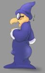  anthro bastardpalace beak blue_robe blush bodily_fluids bulge butt clothed clothing dot_eyes embarrassed erection erection_under_clothing eyewear fangs genital_outline glasses hat headgear headwear hi_res kamek koopa looking_aside looking_at_viewer magikoopa male mario_bros nintendo open_mouth penis_outline reptile robe scalie solo surprised_expression surprised_look sweat sweatdrop turtle video_games wizard_hat wizard_robe yellow_body yellow_skin 