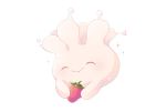  26tumugi :&gt; closed_eyes closed_mouth commentary_request food fruit gen_8_pokemon holding holding_food holding_fruit light_blush milcery no_humans pokemon pokemon_(creature) smile sparkle strawberry white_background 