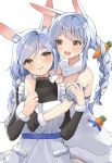  2girls :d animal_ear_fluff animal_ears bangs bare_shoulders black_gloves blue_hair braid bunny_ears carrot carrot_hair_ornament commentary detached_sleeves don-chan_(usada_pekora) extra_ears eyebrows_visible_through_hair food_themed_hair_ornament fur-trimmed_gloves fur_trim gloves hair_ornament highres hikimayu hololive hug hug_from_behind long_hair long_sleeves looking_at_another mole mole_under_mouth mother_and_daughter multicolored_hair multiple_girls open_mouth orange_eyes pekomama puffy_detached_sleeves puffy_sleeves rabbit_girl short_eyebrows simple_background smile swept_bangs tate_yukimi twin_braids two-tone_hair upper_teeth usada_pekora virtual_youtuber white_background white_hair 