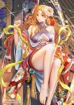  1girl bare_legs barefoot beads blonde_hair bracelet breasts collaboration dress facial_mark feet flower forehead_mark hair_flower hair_ornament jewelry large_breasts long_hair original red_eyes ring robe sash scar scar_on_face scar_on_nose sitting toes xiaji yang_yang_(tigu) 