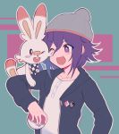  1boy 310v3 :d ;d alternate_costume bangs black_jacket blush checkered checkered_scarf collarbone commentary danganronpa_(series) danganronpa_v3:_killing_harmony fang gen_8_pokemon green_background hat highres holding holding_poke_ball hood hood_down hooded_jacket jacket long_sleeves one_eye_closed open_clothes open_jacket open_mouth ouma_kokichi outline poke_ball pokemon pokemon_(creature) pokemon_(game) pokemon_swsh purple_eyes purple_hair red_background scarf scorbunny shirt smile upper_body white_shirt 