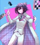  1boy 2020 310v3 absurdres alternate_costume bad_hand bangs black_hair chain character_name checkered checkered_scarf chess_piece chessboard collared_shirt commentary cowboy_shot crown danganronpa_(series) danganronpa_v3:_killing_harmony eyebrows_visible_through_hair fur-trimmed_jacket fur_trim hair_between_eyes hair_intakes hand_up highres index_finger_raised jacket long_sleeves looking_at_viewer male_focus mini_crown necktie ouma_kokichi pants pink_eyes royal_robe scarf shirt short_hair smile solo tilted_headwear unmoving_pattern white_jacket white_pants white_shirt 