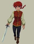  1girl black_pants blue_eyes boots braid brown_footwear deent30390450 full_body grey_background highres holding holding_sword holding_weapon long_hair long_sleeves looking_at_viewer pants ranma-chan ranma_1/2 red_hair red_vest saotome_ranma shirt simple_background solo standing sword vest weapon white_shirt 