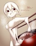  1girl :d akira_(meltyhip) blush breasts brown_eyes chopsticks colored_skin completely_nude hair_between_eyes highres in_bowl in_container large_breasts looking_at_viewer melting minigirl mochi monster_girl nude open_mouth original short_hair slime_girl smile solo twitter_username white_skin 