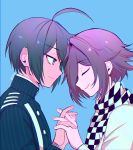  2boys 310v3 ahoge bangs black_hair blue_background brown_eyes checkered closed_eyes commentary danganronpa_(series) danganronpa_v3:_killing_harmony earrings english_commentary forehead-to-forehead green_background highres holding_hands interlocked_fingers jewelry long_sleeves looking_at_another male_focus multiple_boys nail_polish ouma_kokichi parted_lips profile purple_hair saihara_shuuichi scarf shiny shiny_hair short_hair simple_background smile twitter_username upper_body yaoi 