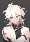  1boy absurdres ahoge bangs black_background black_gloves black_ribbon black_shirt collared_shirt commentary_request danganronpa_(series) danganronpa_2:_goodbye_despair gloves grey_background grey_eyes hair_between_eyes highres jacket komaeda_nagito looking_at_viewer male_focus official_alternate_costume open_clothes open_jacket print_jacket ribbon shirt short_hair short_ponytail signature simple_background sin11111 single_glove smile solo twitter_username two-tone_ribbon upper_body white_hair white_jacket white_ribbon 