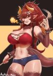  absurd_res aestheticc-meme animal_humanoid big_breasts bottomwear breasts cleavage clothed clothing dragon dragon_humanoid female hair hi_res horn horned_humanoid hotpants humanoid humanoid_pointy_ears looking_at_viewer mammal red_hair shorts solo thick_thighs wide_hips 