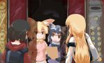  4girls arai-san_mansion bag black_hair blonde_hair buttons common_raccoon_(kemono_friends) crossover doorway elevator_door fennec_(kemono_friends) glasses horiki_masaharu kamikoshi_sorao kemono_friends multiple_girls nishina_toriko paper shadow urasekai_picnic 