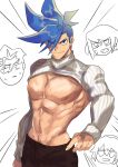  1boy abs bare_pecs blue_eyes blue_hair brown_pants character_request chibi chibi_inset cowboy_shot galo_thymos highres kray_foresight lio_fotia looking_at_viewer looking_away male_focus meme muscular muscular_male navel nipples nonono_nagata pants pectorals promare revealing_clothes short_hair shrug_(clothing) smile solo_focus spiked_hair sweatdrop sweater white_sweater 